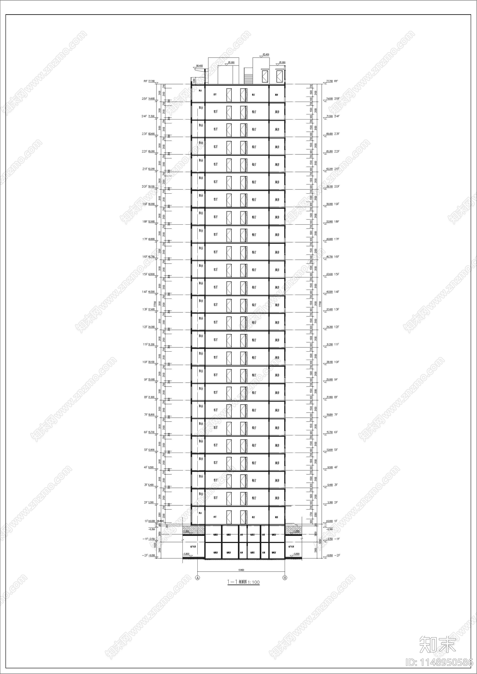 31米塔楼高层现代风大平层住宅建筑cad施工图下载【ID:1148950586】