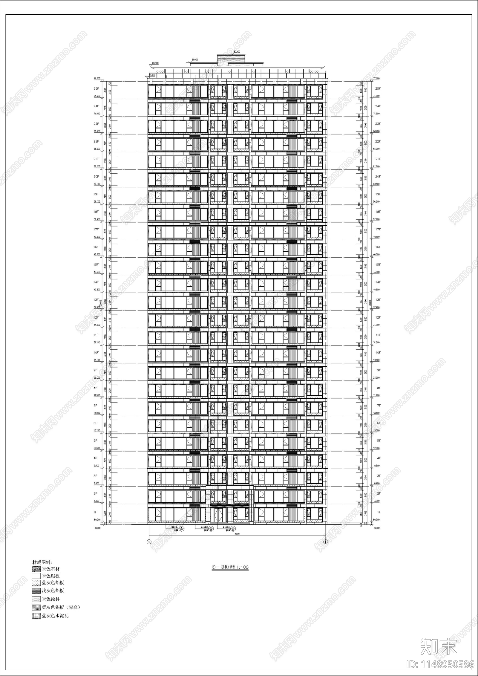 31米塔楼高层现代风大平层住宅建筑cad施工图下载【ID:1148950586】
