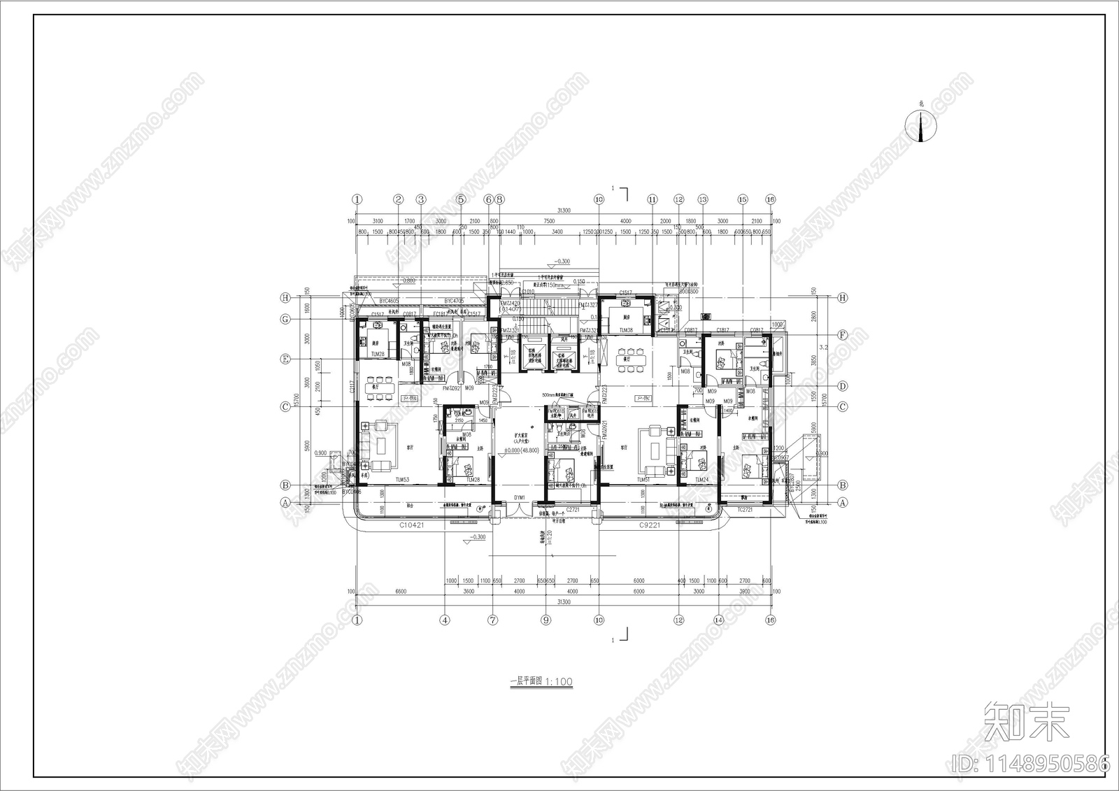 31米塔楼高层现代风大平层住宅建筑cad施工图下载【ID:1148950586】