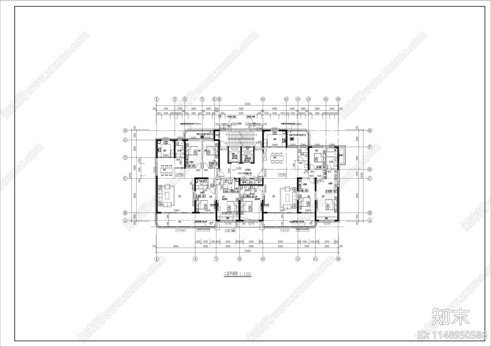 31米塔楼高层现代风大平层住宅建筑cad施工图下载【ID:1148950586】