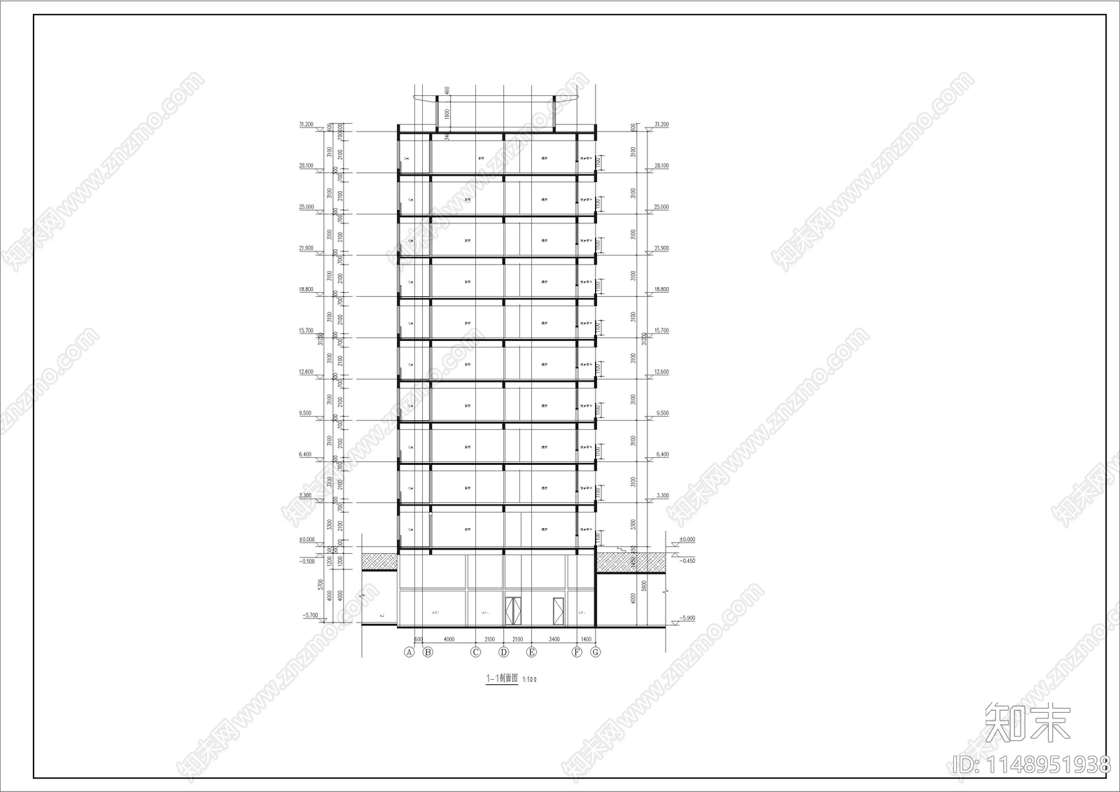 31米塔楼大平层25层大高层现代风格住宅楼cad施工图下载【ID:1148951938】