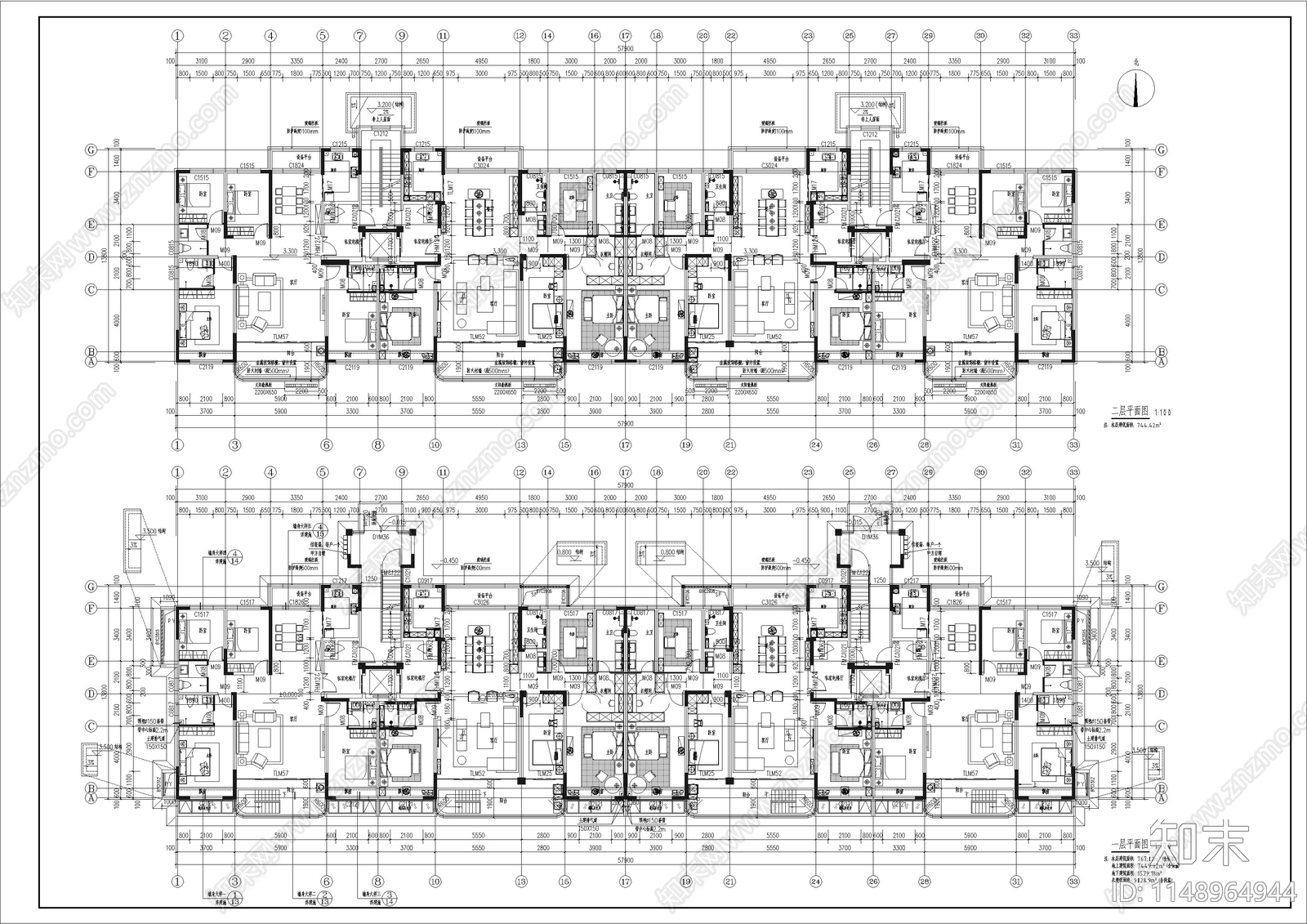 58米两单元4户10层洋房现代风格住宅楼cad施工图下载【ID:1148964944】