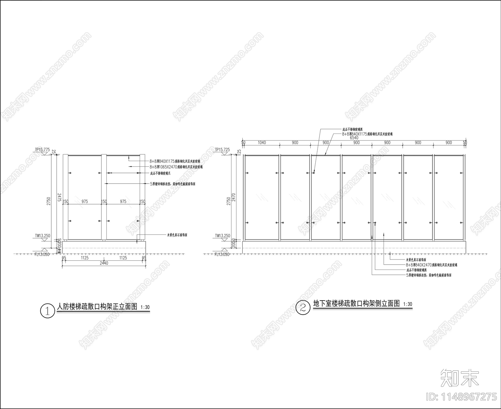 人防楼梯疏散口构架详图cad施工图下载【ID:1148967275】