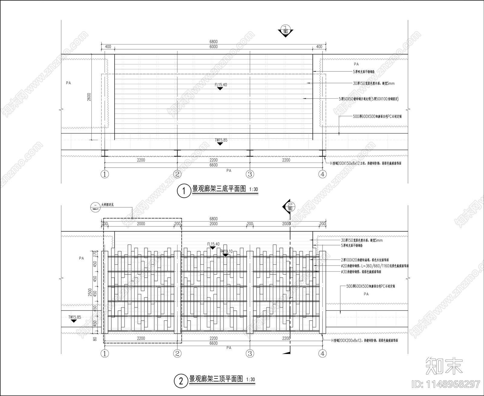 景观廊架详图cad施工图下载【ID:1148968297】