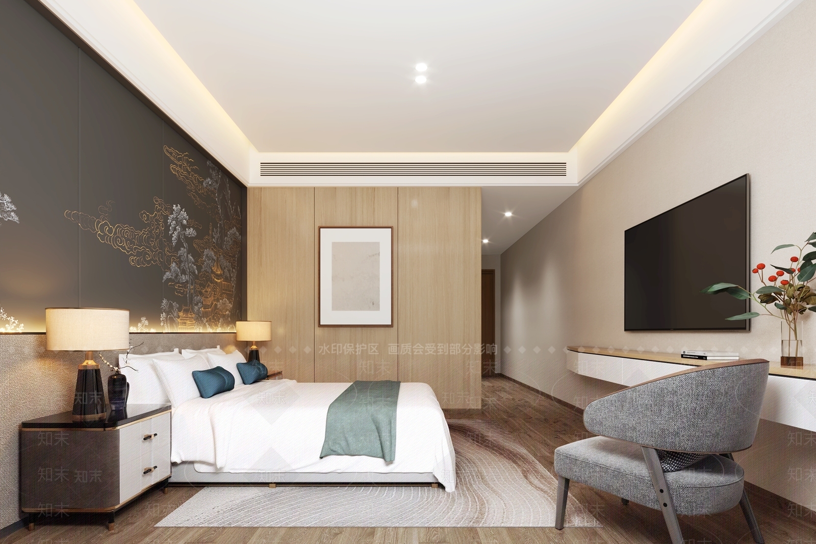 新中式酒店客房SU模型下载【ID:1148983836】