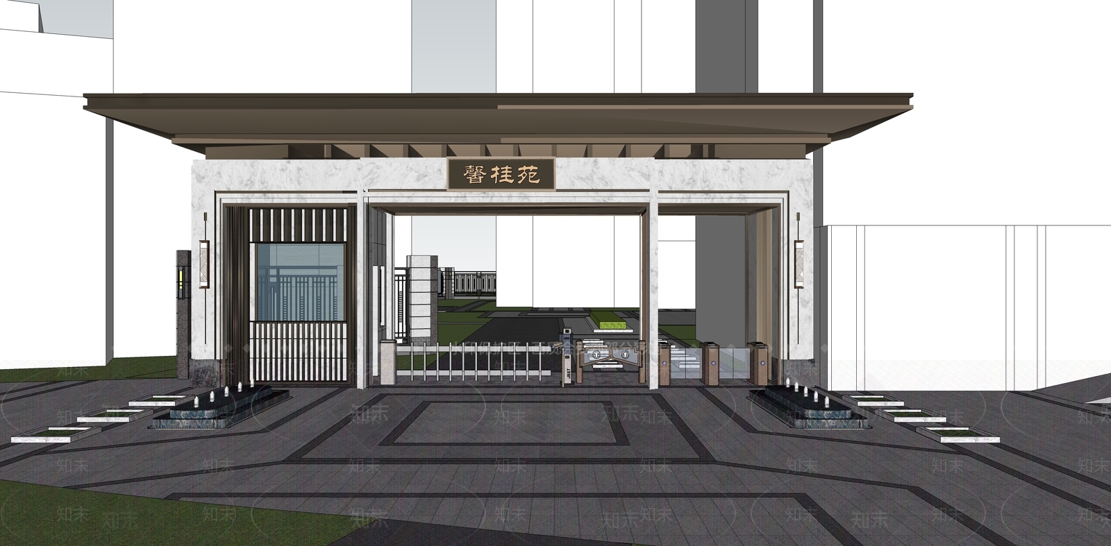 新中式小区入口大门SU模型下载【ID:1148985789】