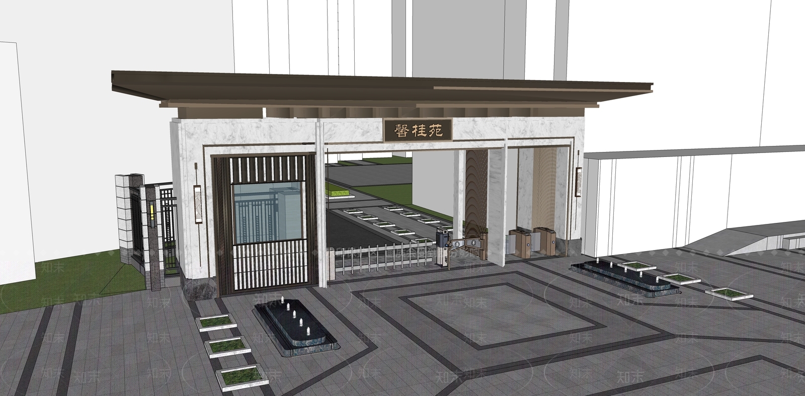 新中式小区入口大门SU模型下载【ID:1148985789】