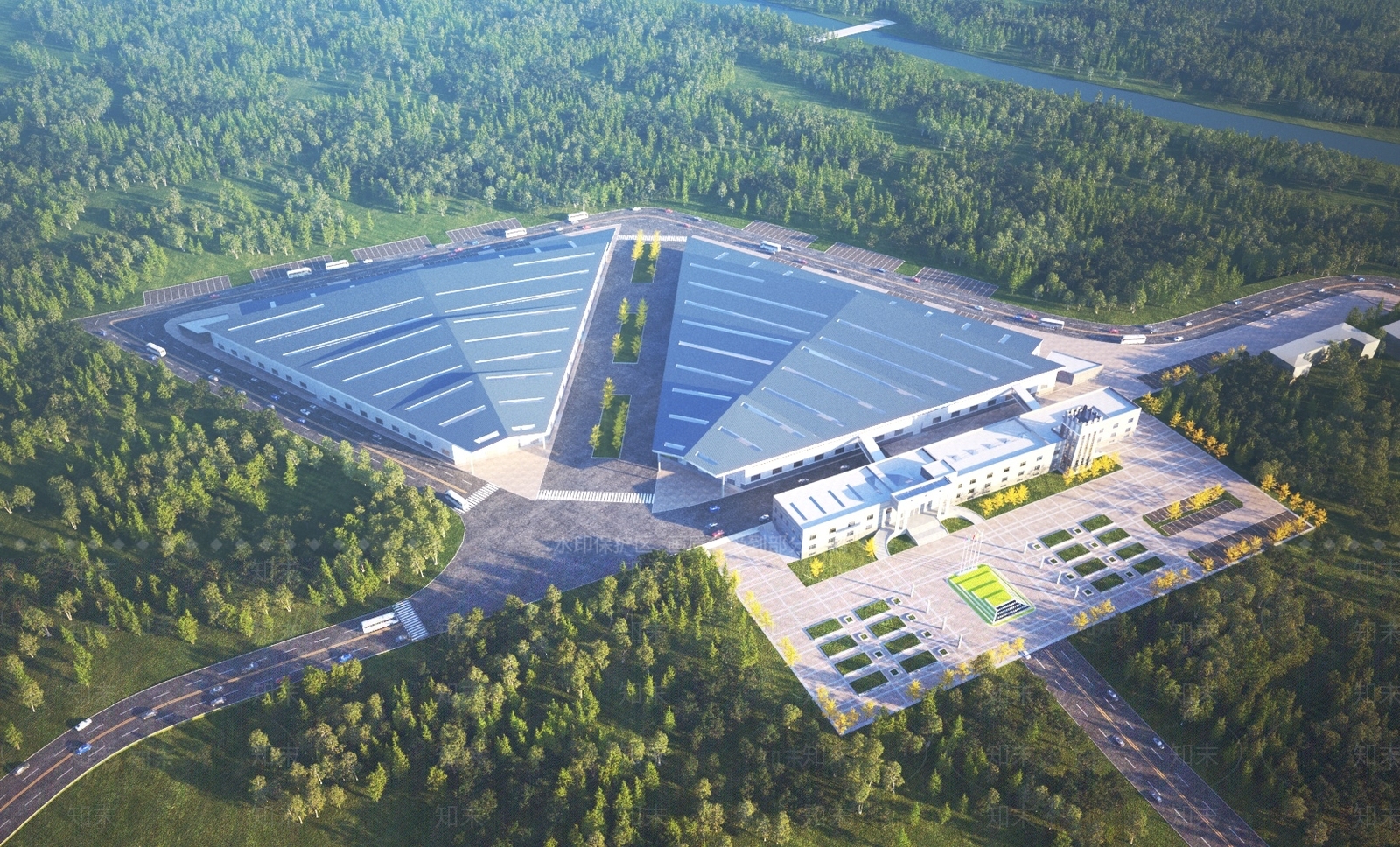 现代办公楼厂房库房建筑3D模型下载【ID:1148998995】