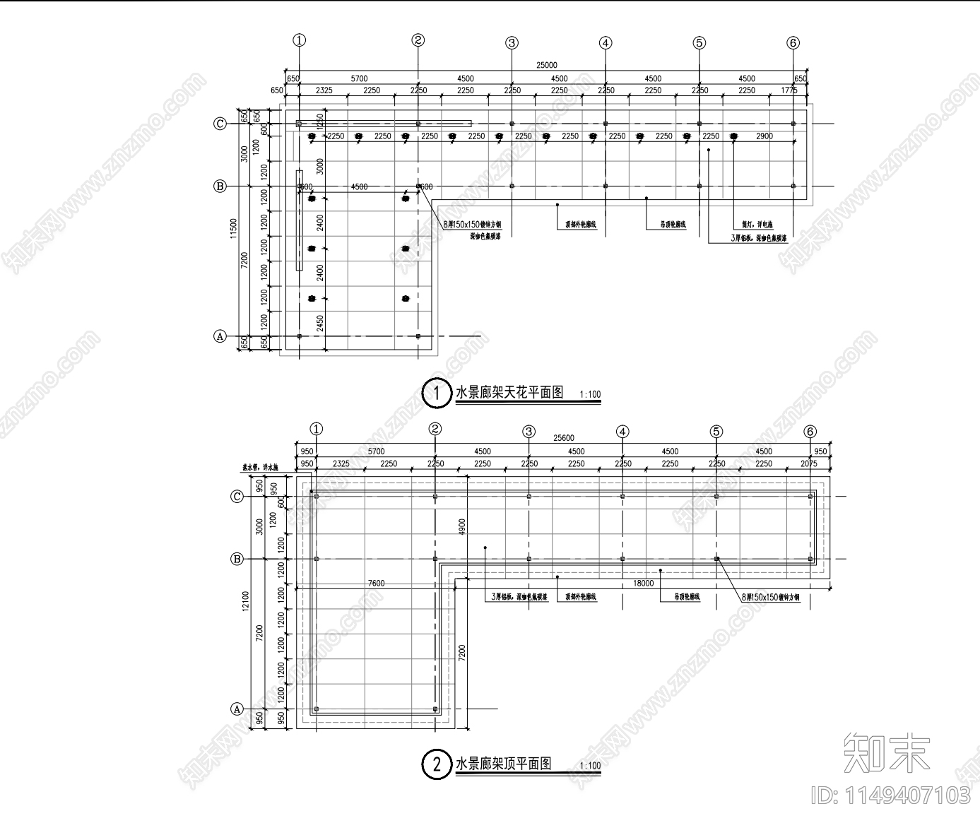 L形水景廊架节点大样cad施工图下载【ID:1149407103】