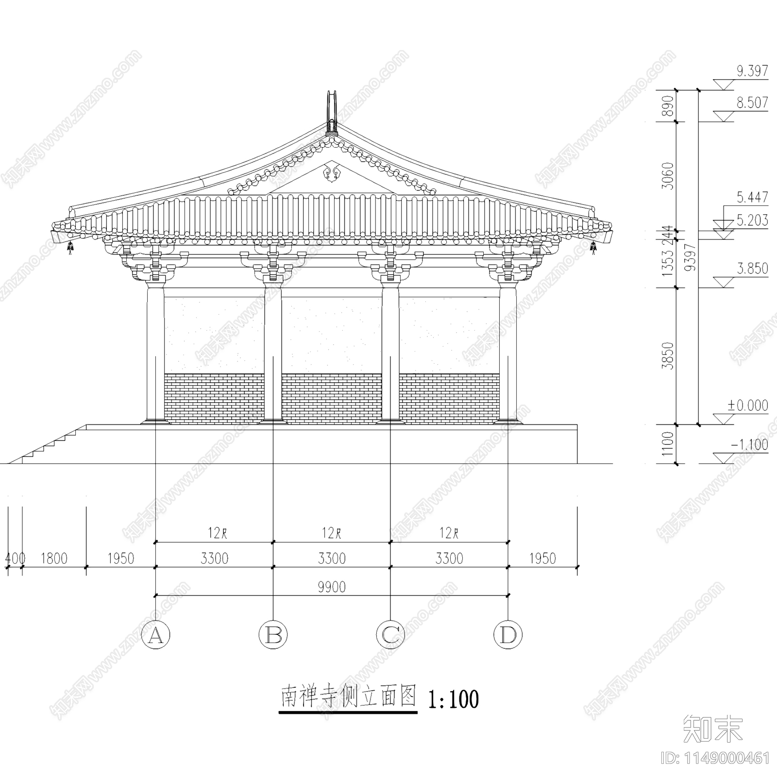 中式五台山南禅寺大殿古建筑cad施工图下载【ID:1149000461】