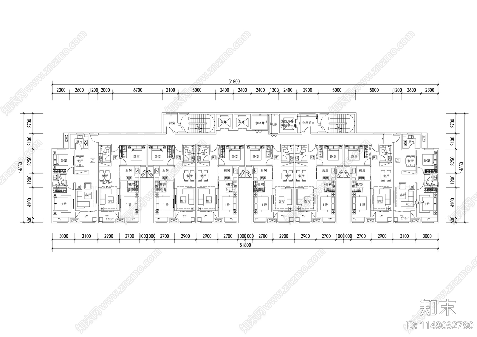 公寓户型建筑平面施工图下载【ID:1149032780】