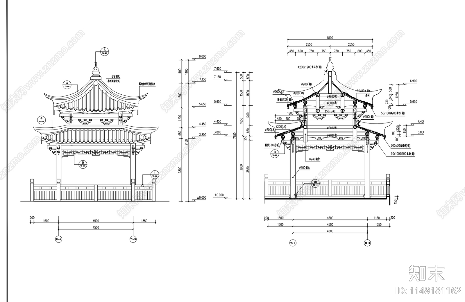 古建重檐亭cad施工图下载【ID:1149181162】