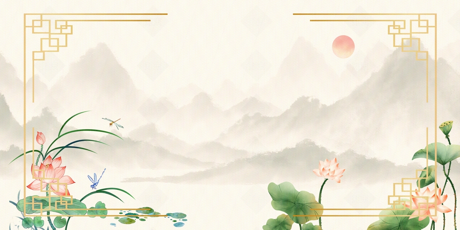 新中式国潮山水边框壁纸背景贴图下载【ID:1149052059】