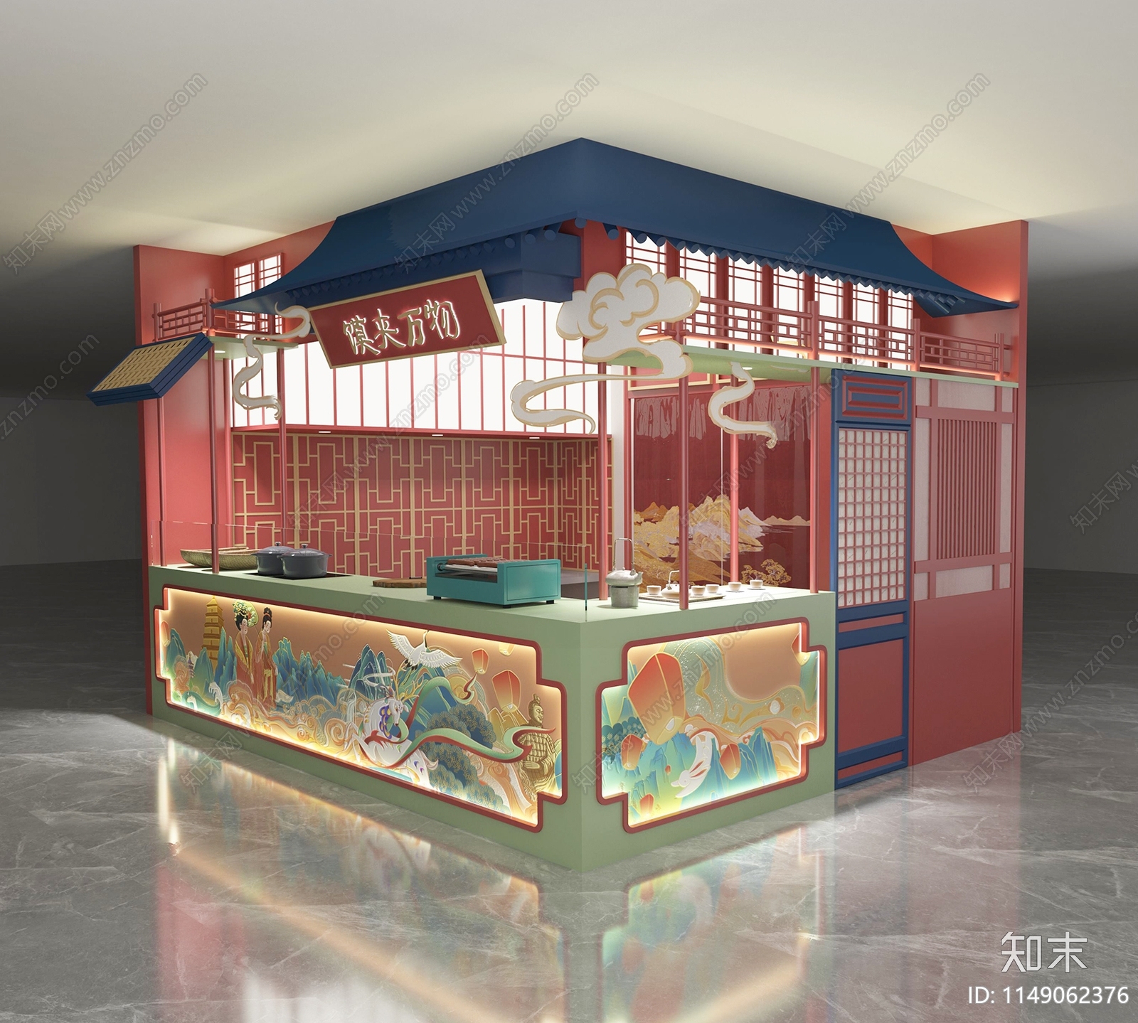 新中式商场夹馍店档口3D模型下载【ID:1149062376】