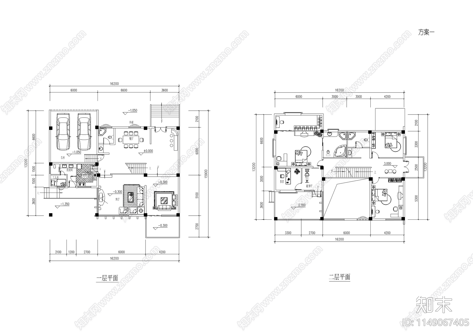 两套湖边别墅建筑cad施工图下载【ID:1149067405】