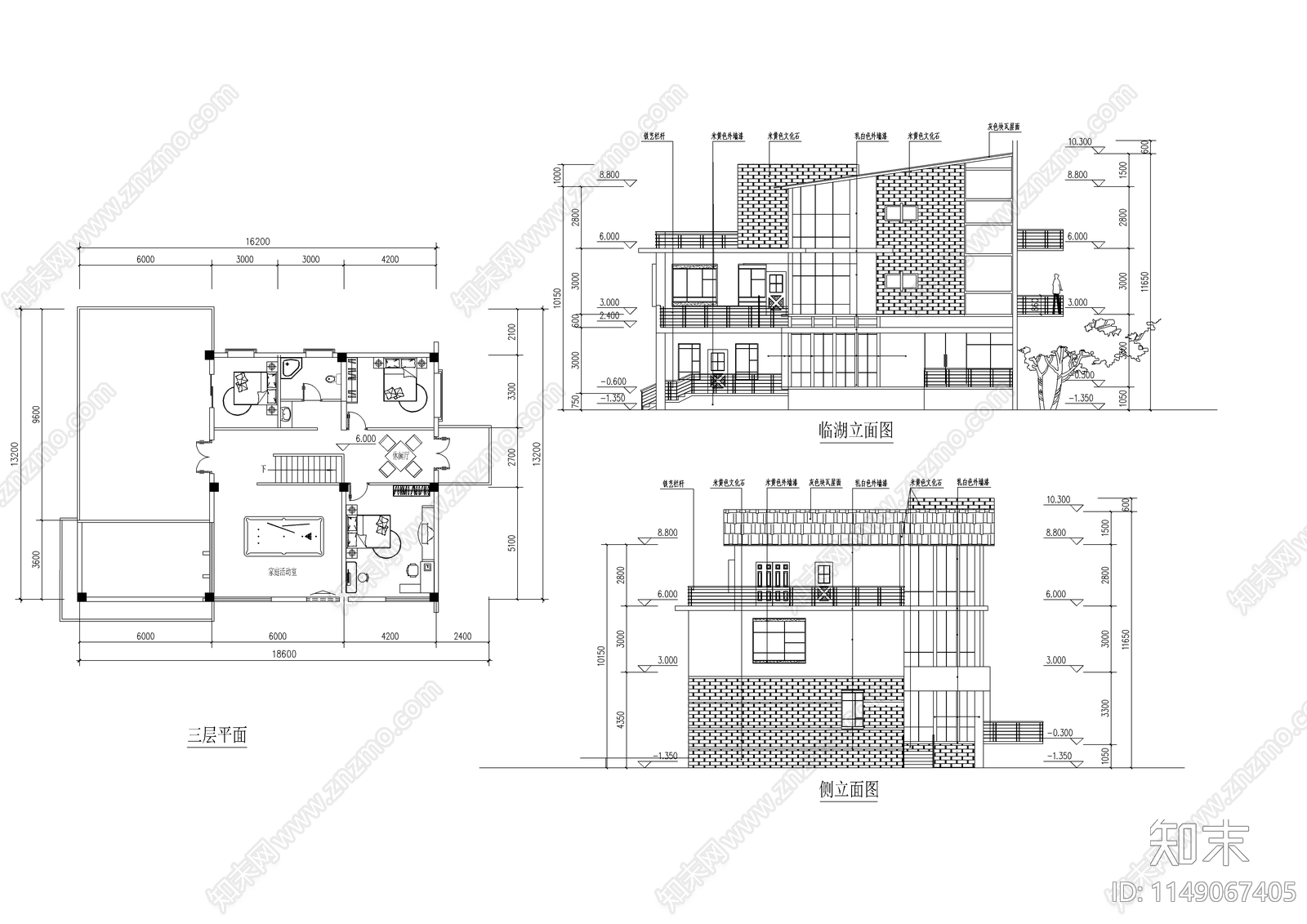 两套湖边别墅建筑cad施工图下载【ID:1149067405】