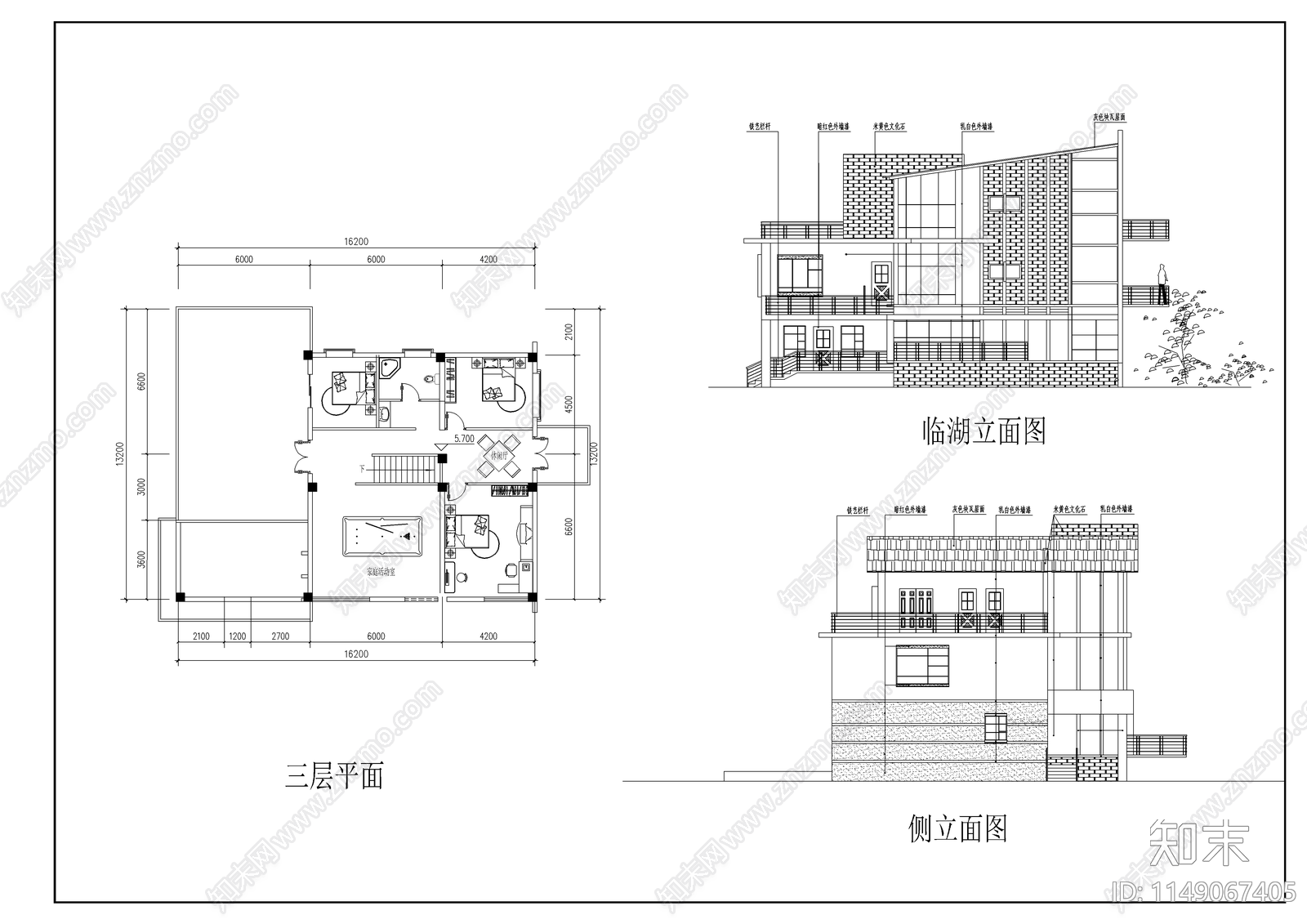 两套湖边别墅建筑cad施工图下载【ID:1149067405】