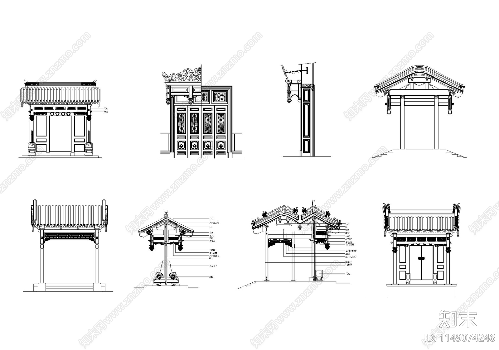 中式垂花门图库cad施工图下载【ID:1149074246】