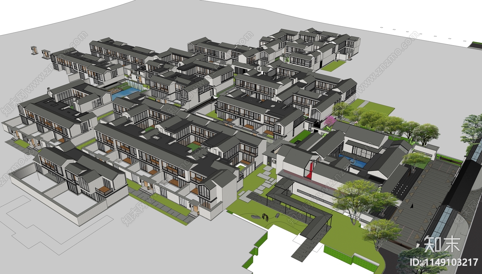 中式四合院别墅建筑SU模型下载【ID:1149103217】