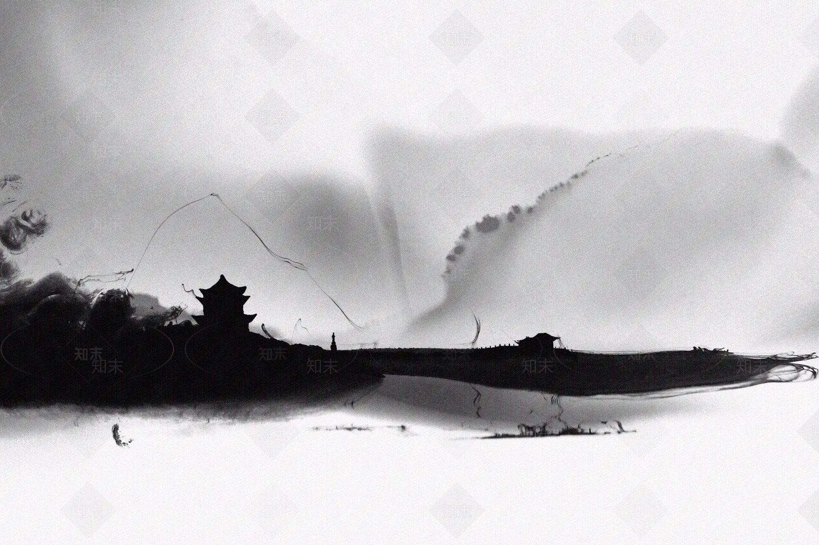 大气古建筑中国黑白水墨背景壁纸贴图下载【ID:1149106027】