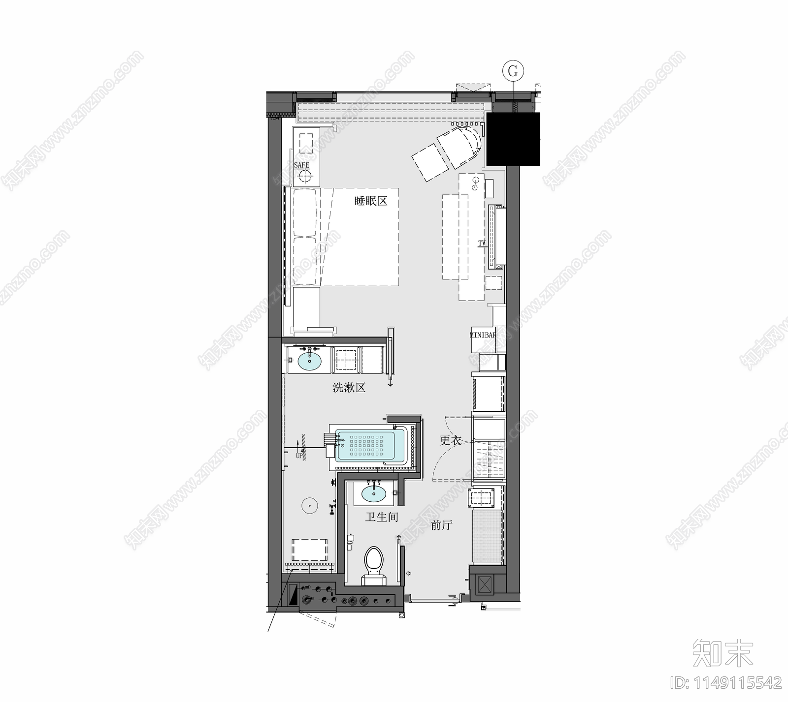 星级酒店40㎡标准大床房室内cad施工图下载【ID:1149115542】
