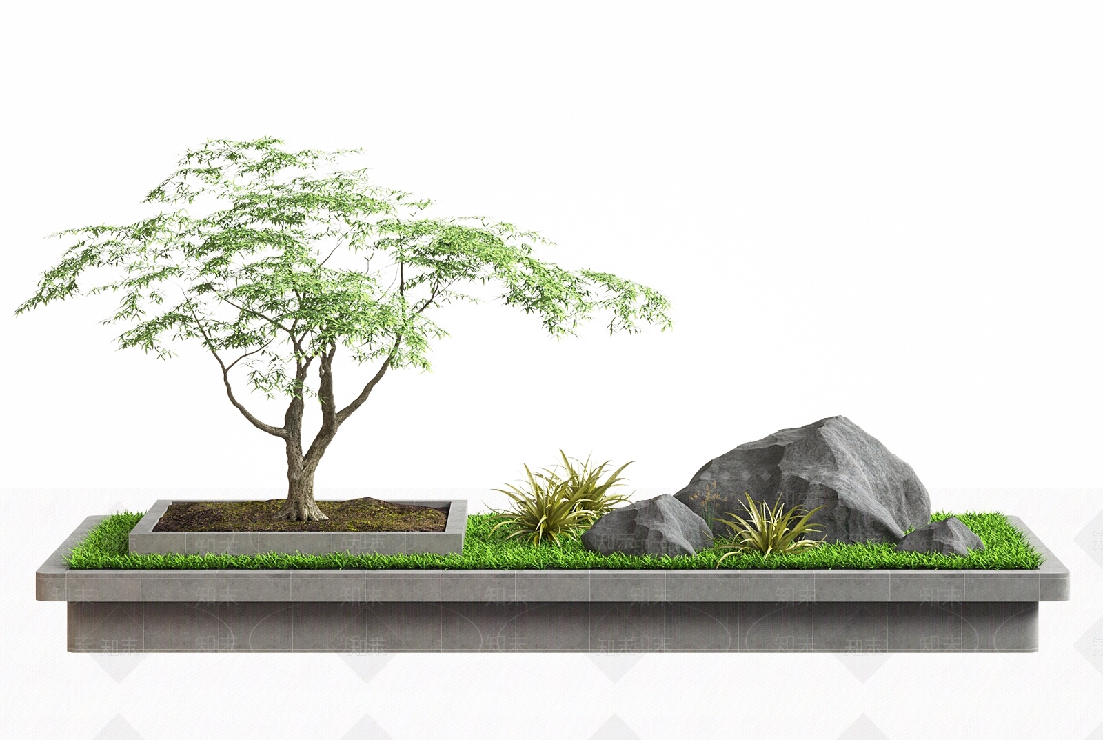 新中式松树石头草皮景观造景3D模型下载【ID:1149745366】