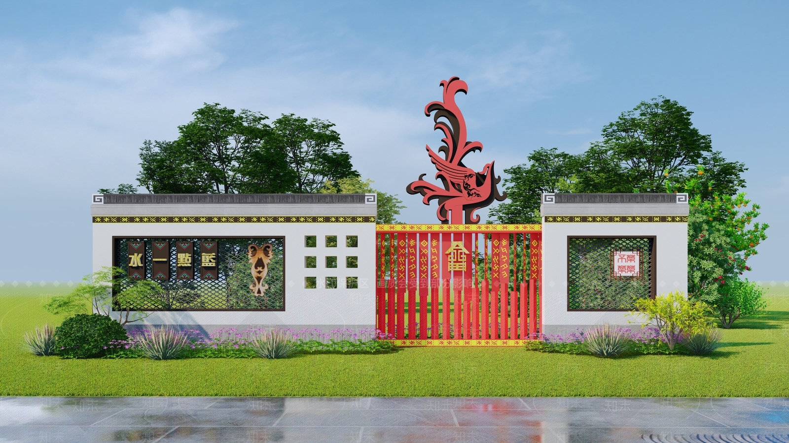 新中式畲族特色形象景墙SU模型下载【ID:1149127654】