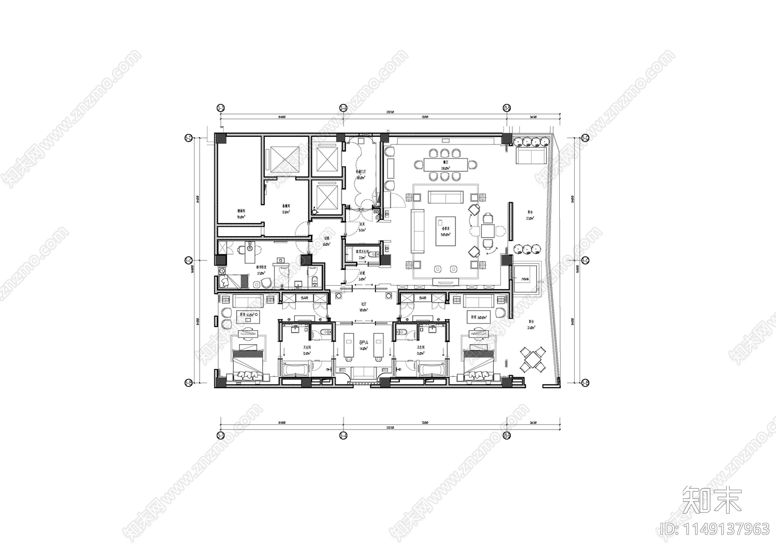 酒店空间平面布置图cad施工图下载【ID:1149137963】