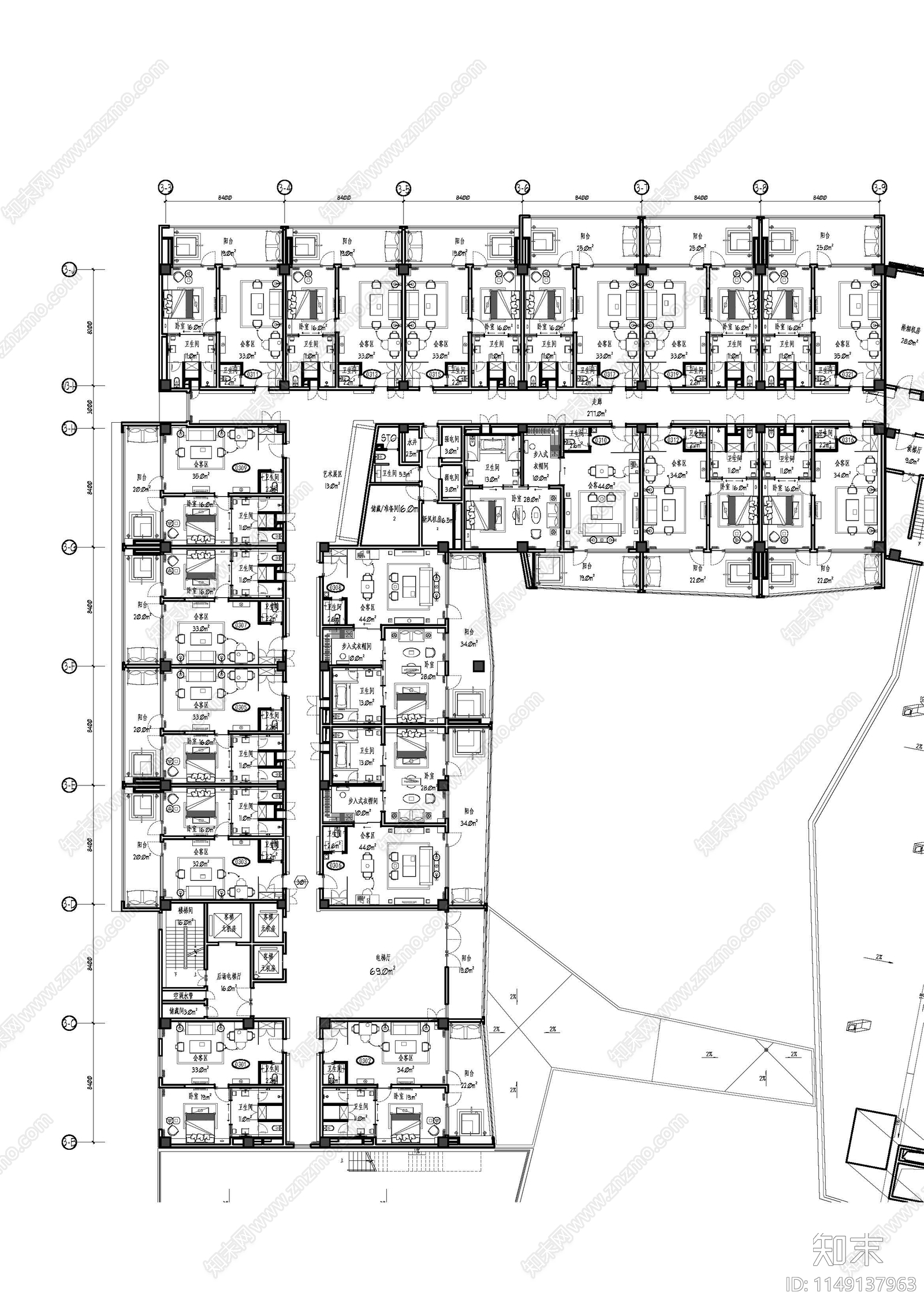 酒店空间平面布置图cad施工图下载【ID:1149137963】
