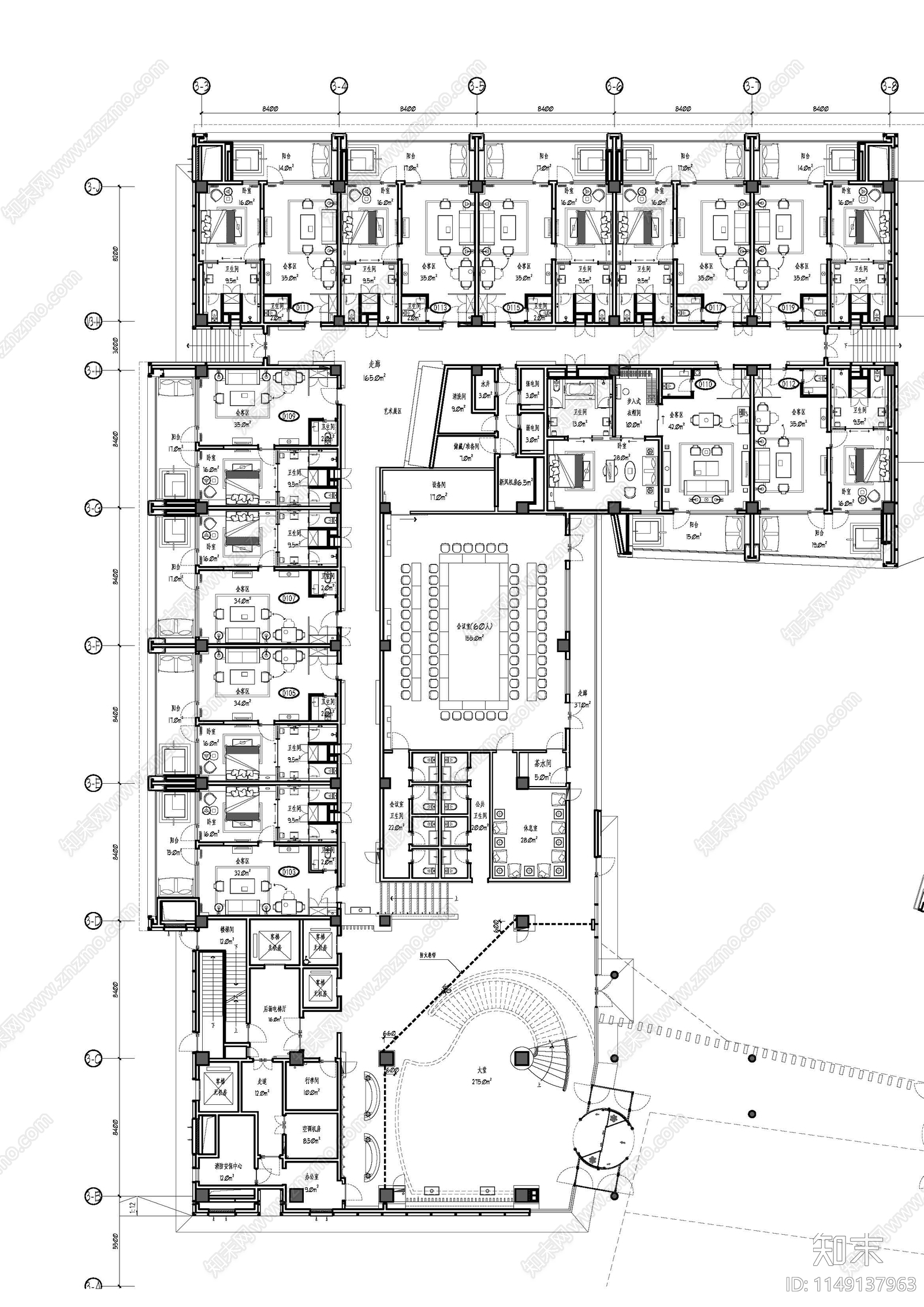 酒店空间平面布置图cad施工图下载【ID:1149137963】