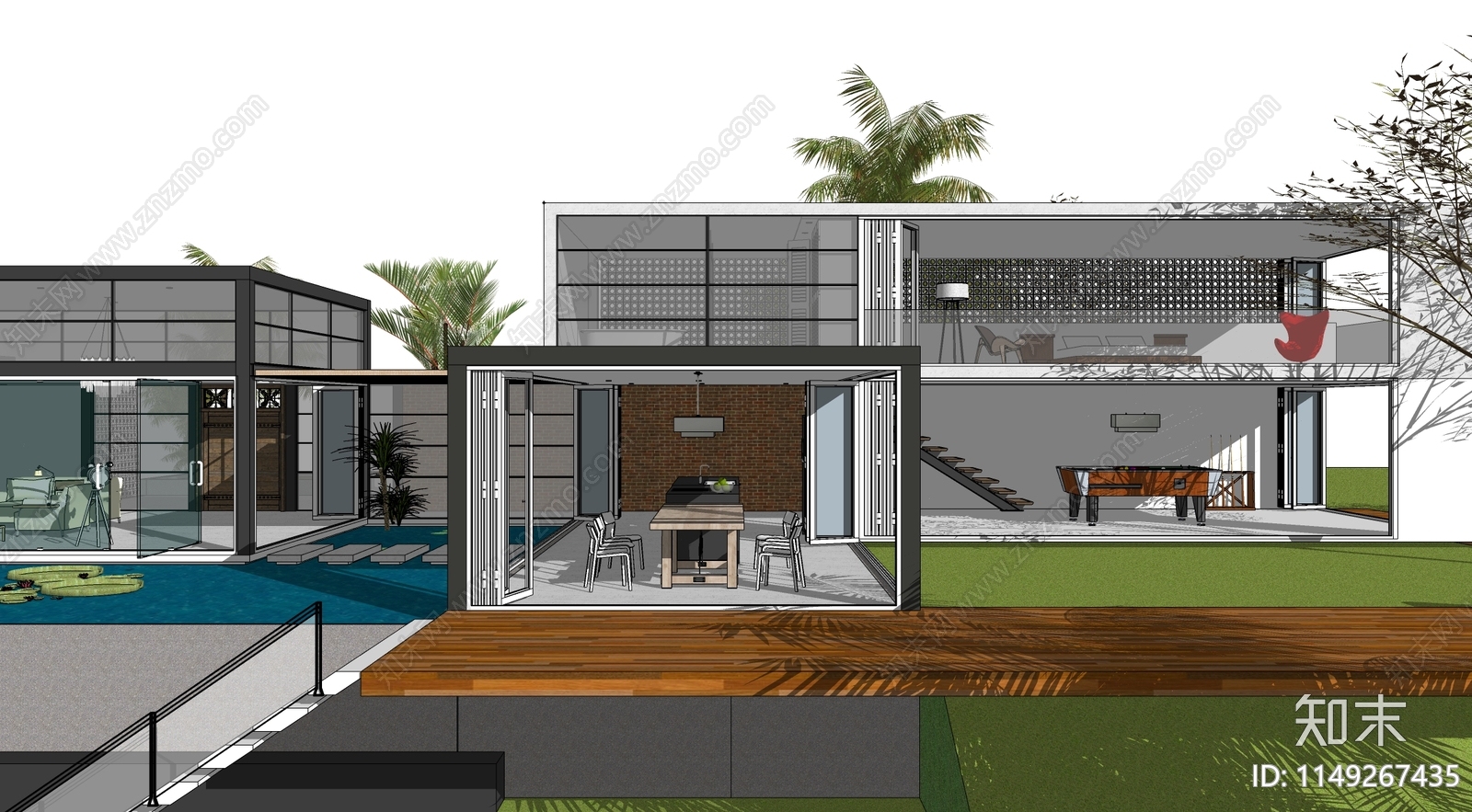 现代泳池民宿建筑SU模型下载【ID:1149267435】