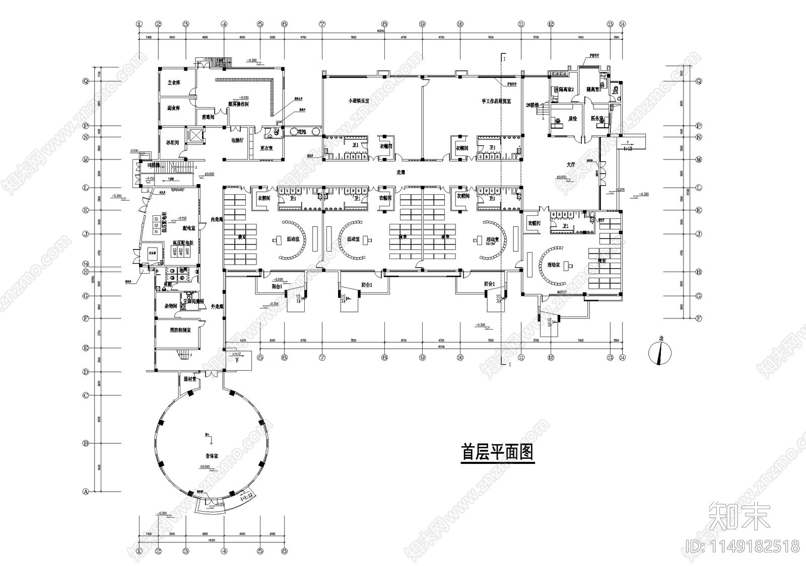 12班幼儿园建筑方案平面图cad施工图下载【ID:1149182518】