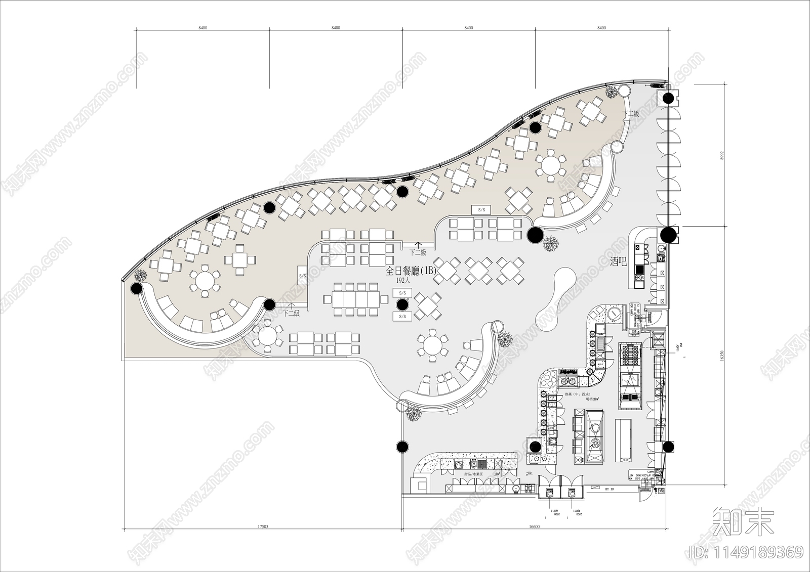 700㎡异形创意餐厅平面布置图cad施工图下载【ID:1149189369】