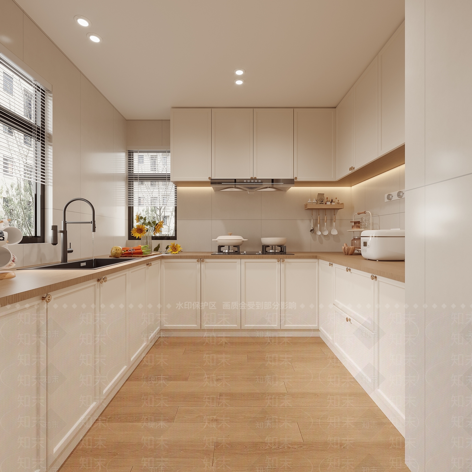 北欧奶油风封闭式厨房3D模型下载【ID:1149206001】