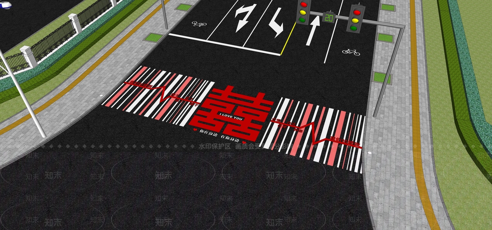 现代喜字斑马线SU模型下载【ID:1149222357】
