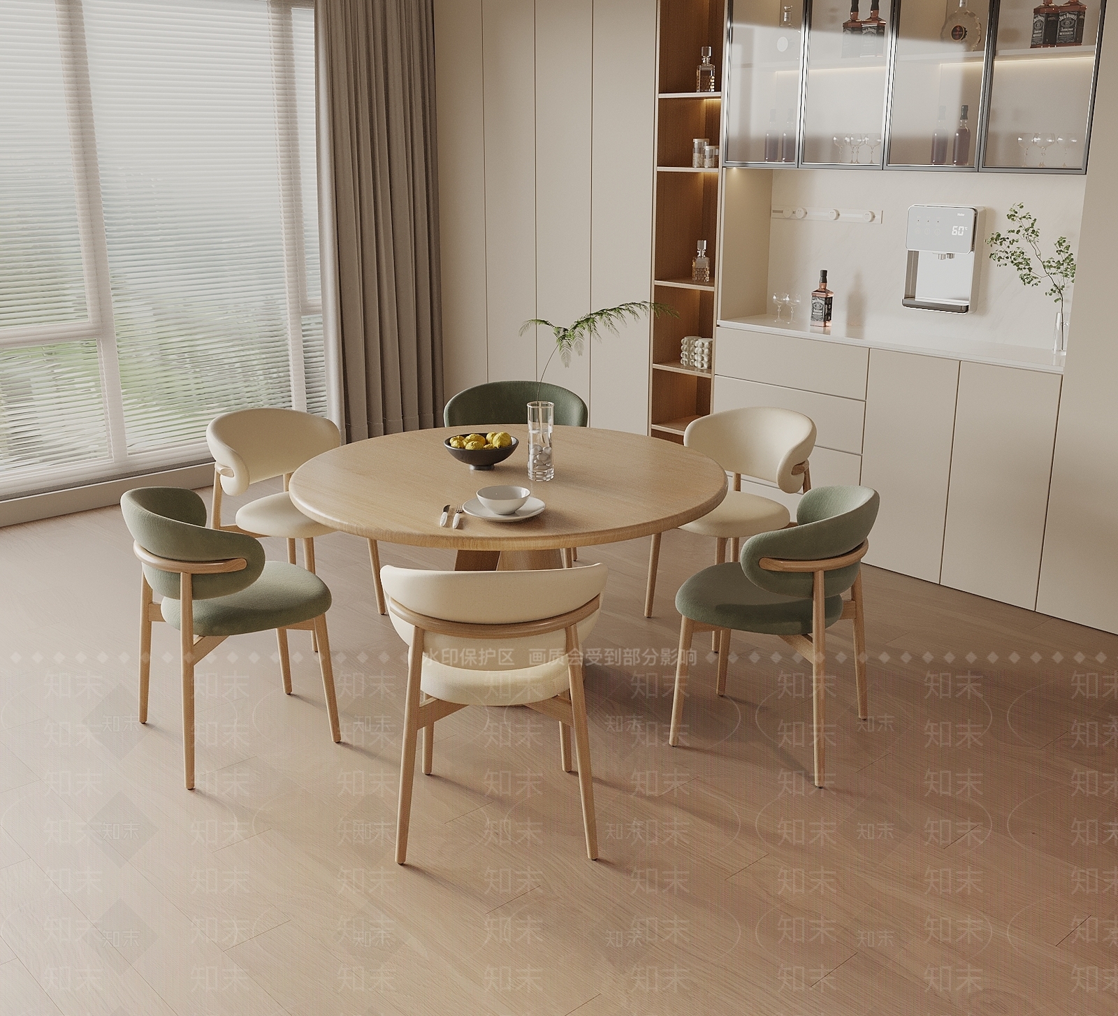 现代原木圆形餐桌椅组合3D模型下载【ID:1149235087】