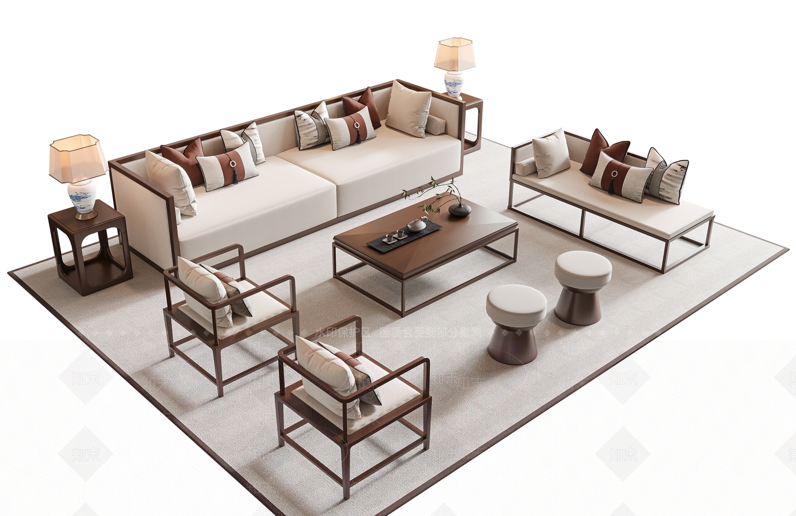 新中式沙发茶几组合3D模型下载【ID:1149231744】