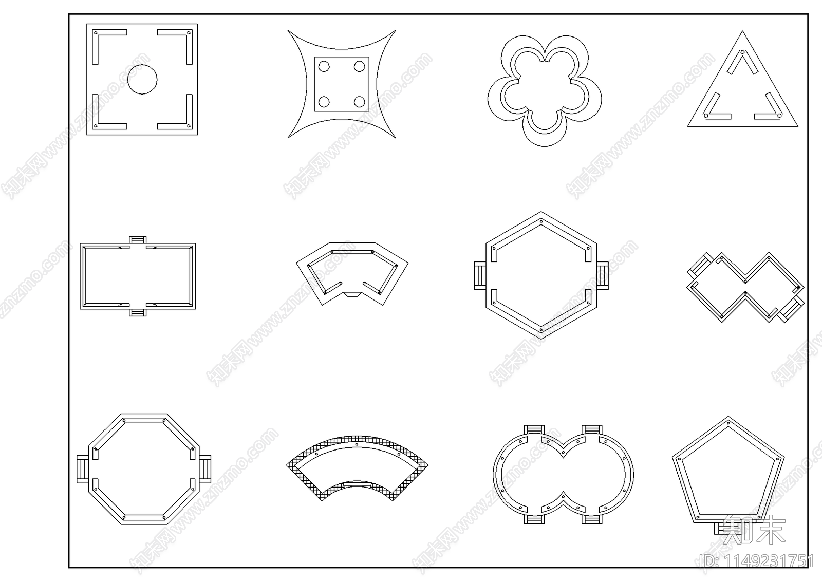 建筑常用亭子平面图块cad施工图下载【ID:1149231751】