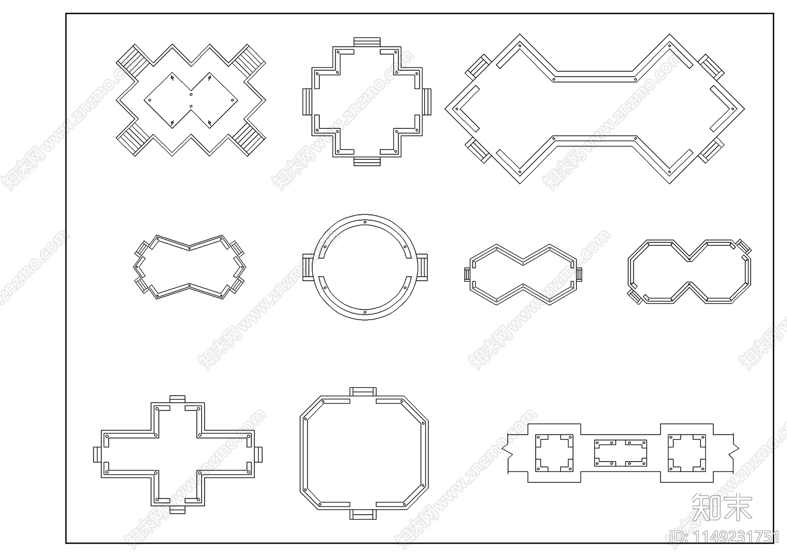 建筑常用亭子平面图块cad施工图下载【ID:1149231751】