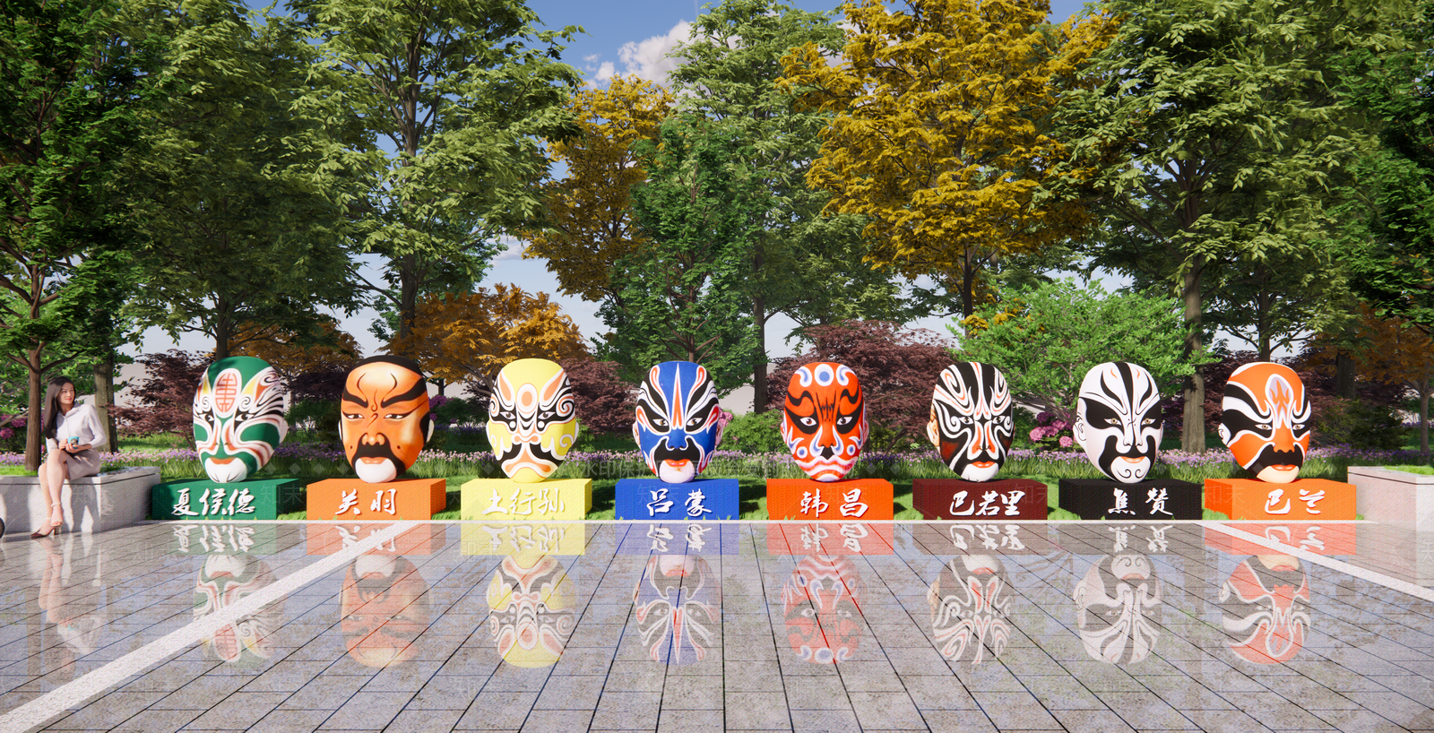 现代京剧脸谱国潮人物雕塑小品SU模型下载【ID:1153736737】