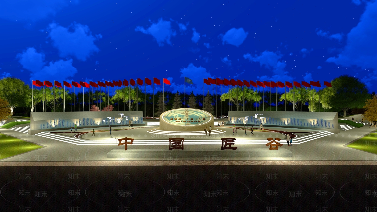新中式旗阵广场景观SU模型下载【ID:1149302620】