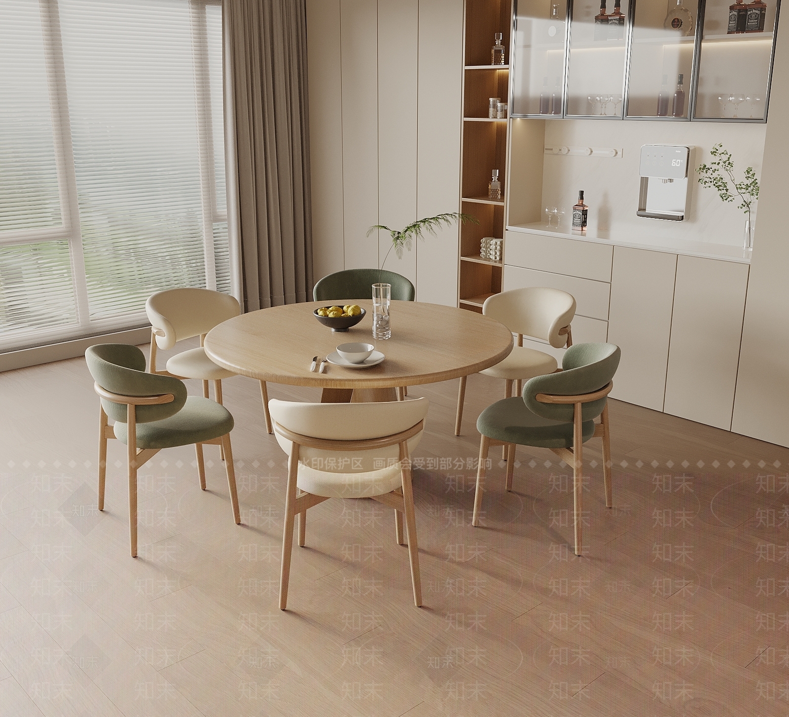 现代原木圆形餐桌椅组合SU模型下载【ID:1149242378】