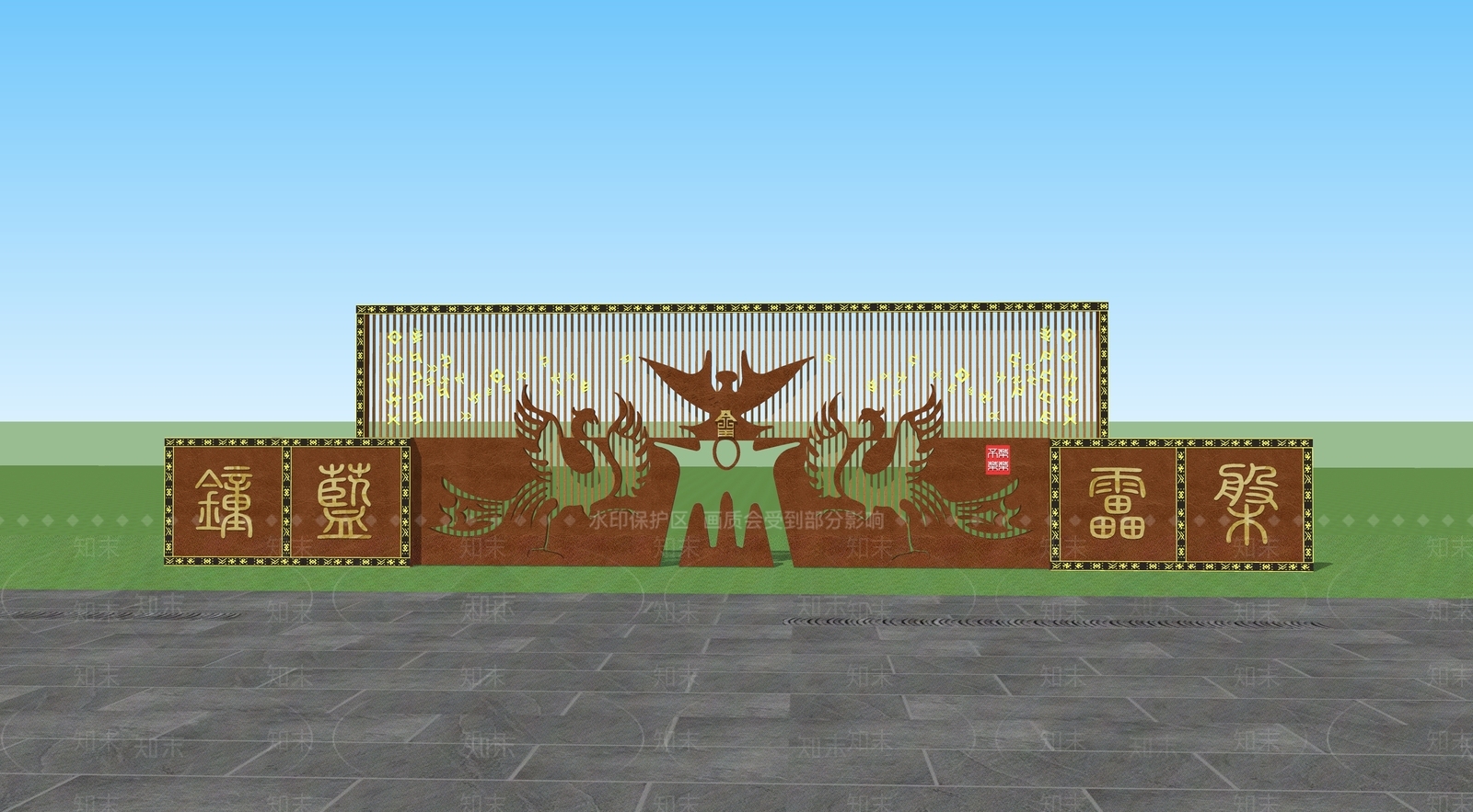 新中式畲族特色景墙SU模型下载【ID:1149250275】
