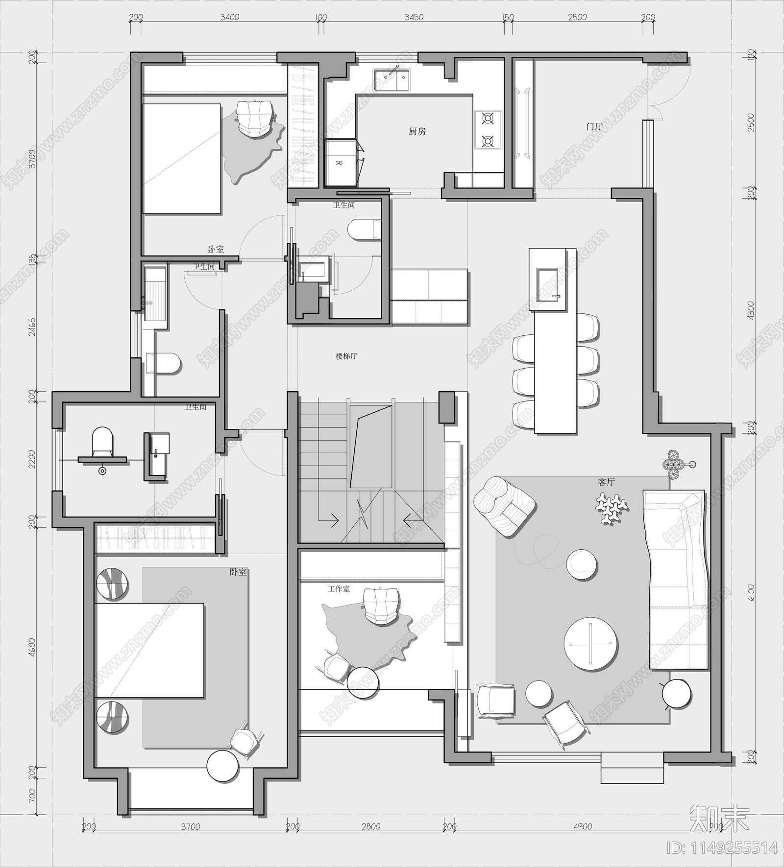 436㎡三层独栋别墅平面图cad施工图下载【ID:1149255514】