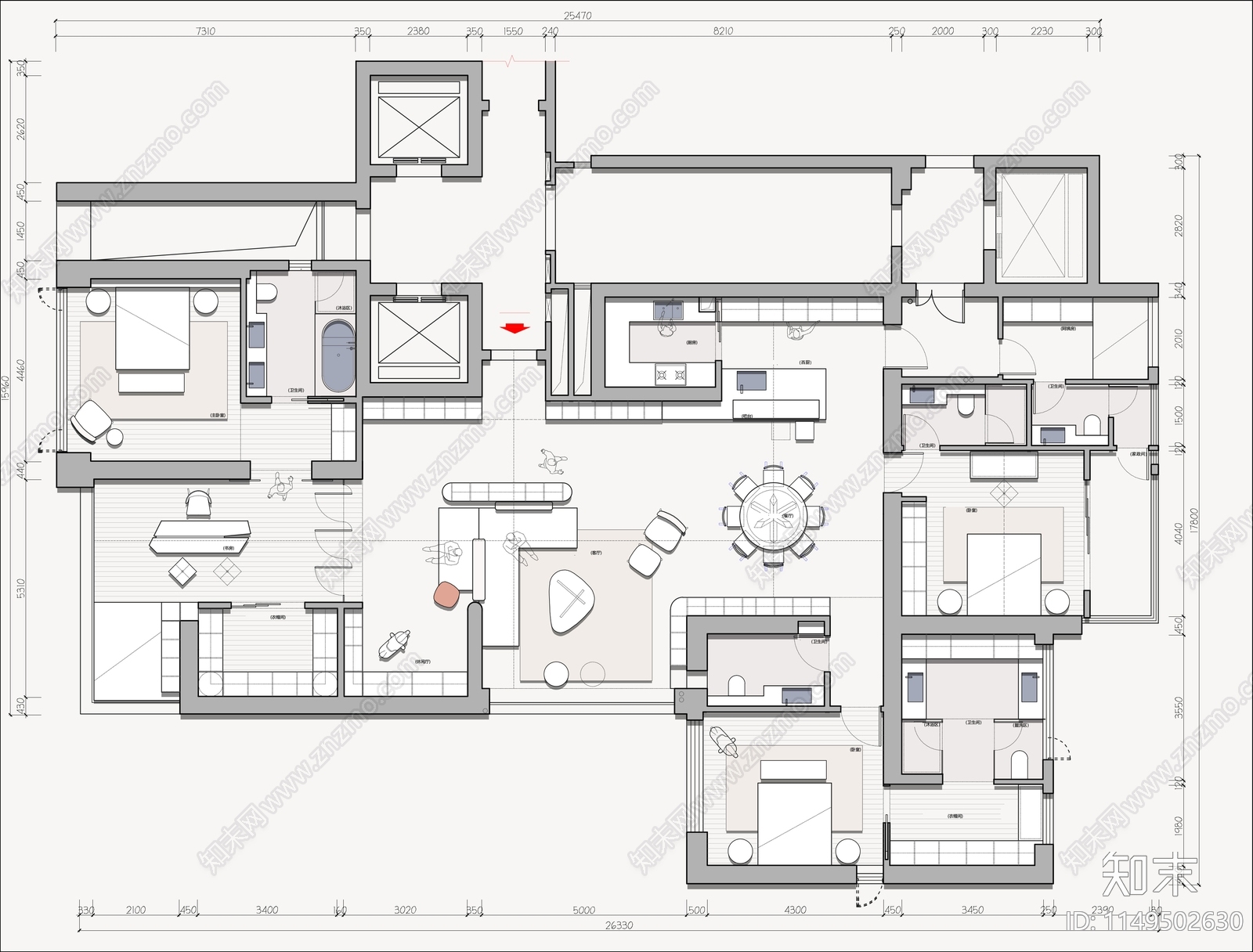 300㎡大平层平面布置图cad施工图下载【ID:1149502630】