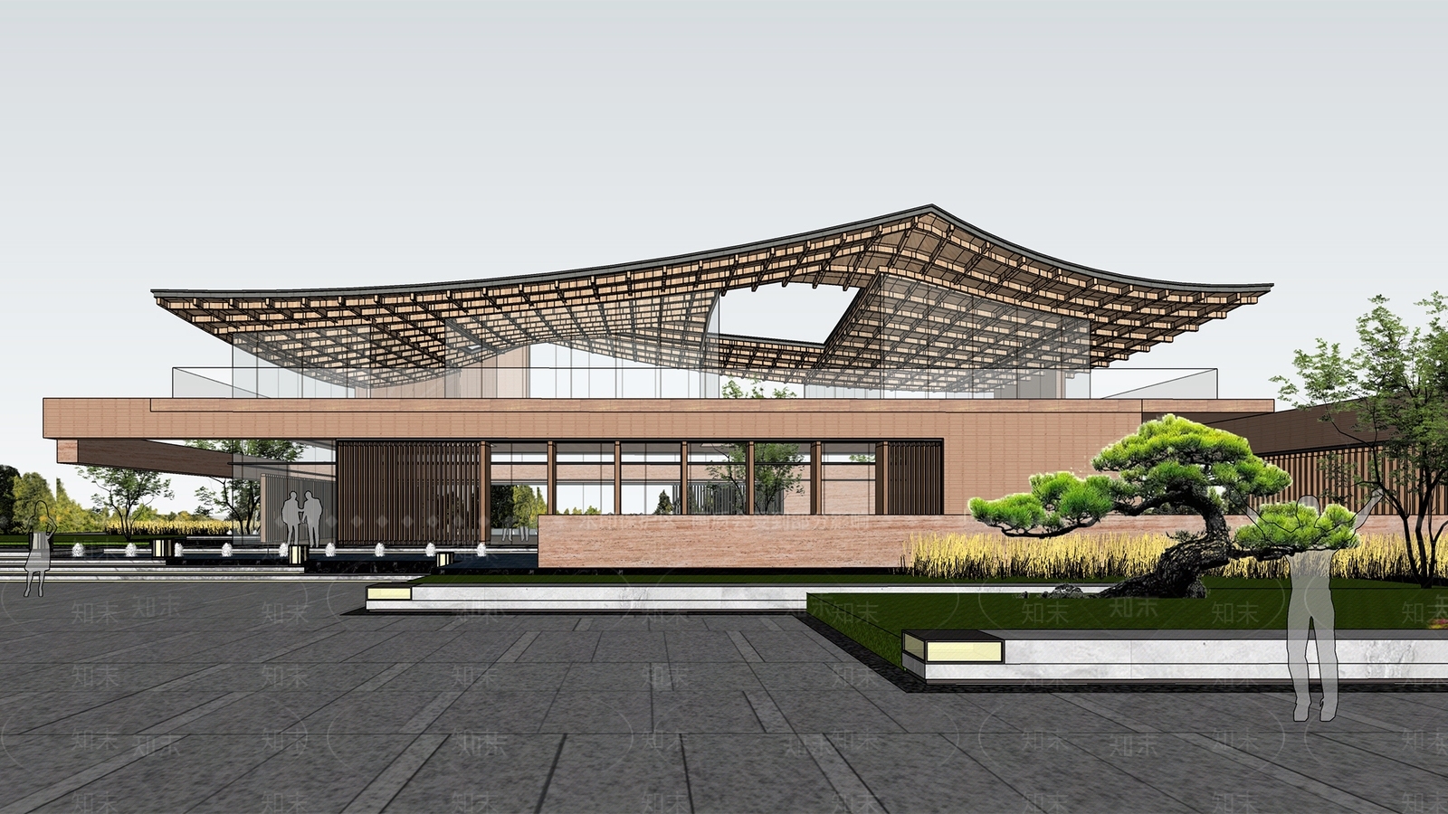 新中式展览馆建筑SU模型下载【ID:1149261956】