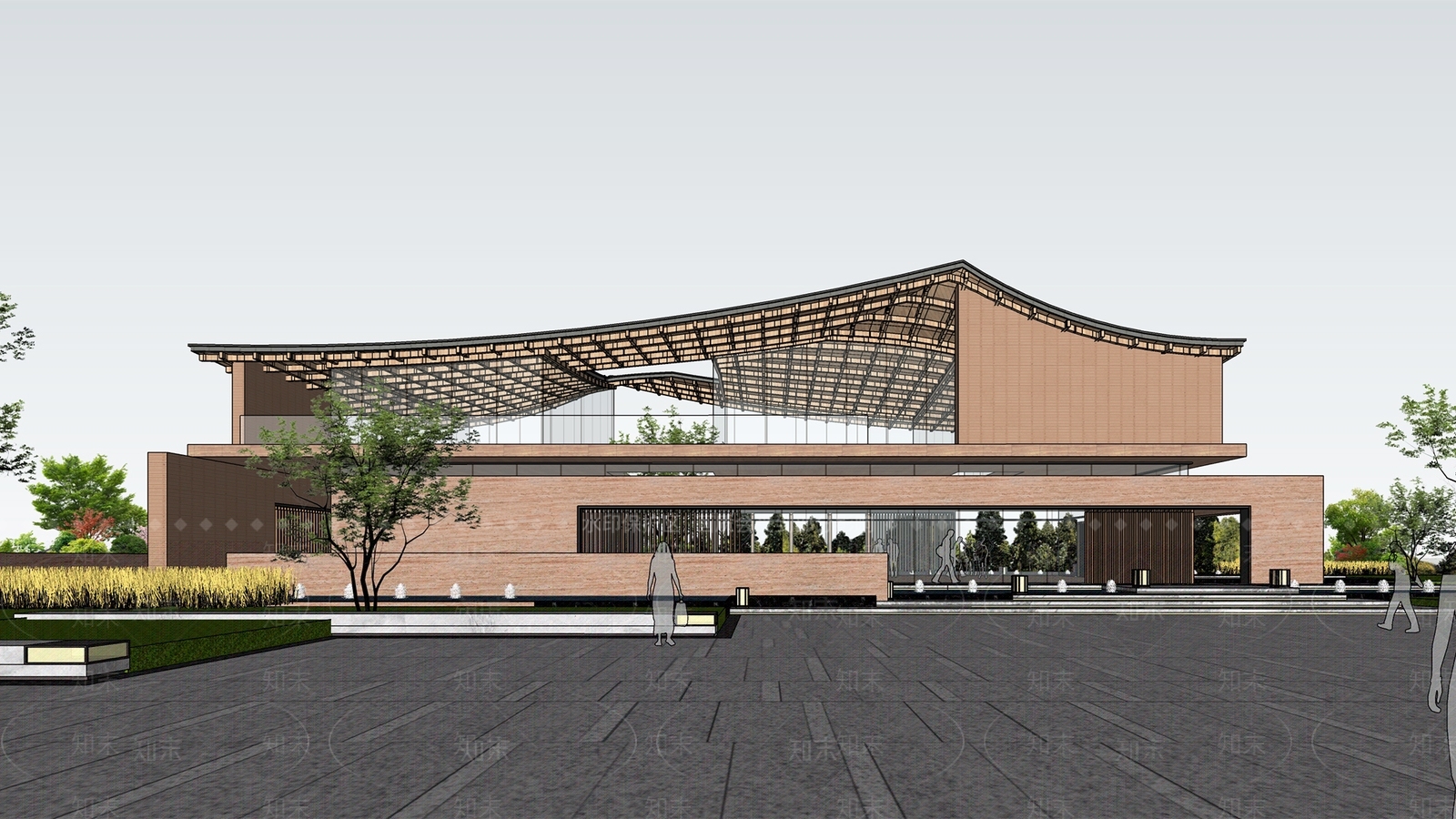 新中式展览馆建筑SU模型下载【ID:1149261956】