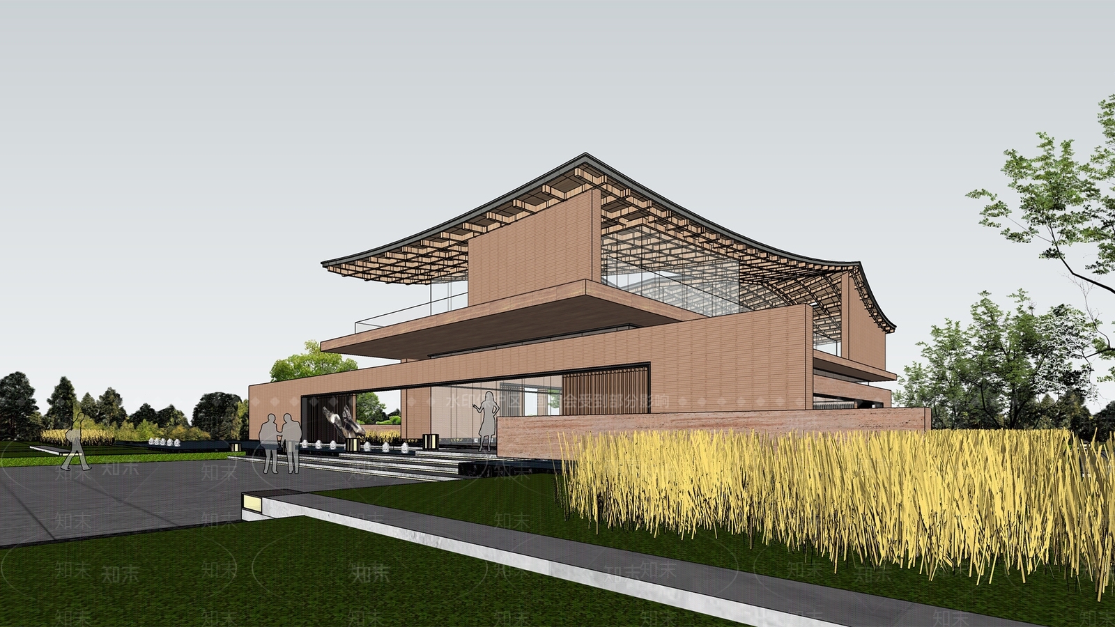 新中式展览馆建筑SU模型下载【ID:1149261956】