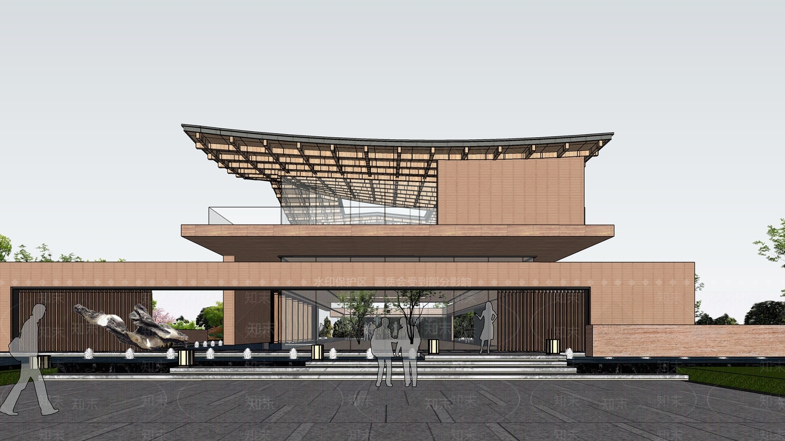 新中式展览馆建筑SU模型下载【ID:1149261956】