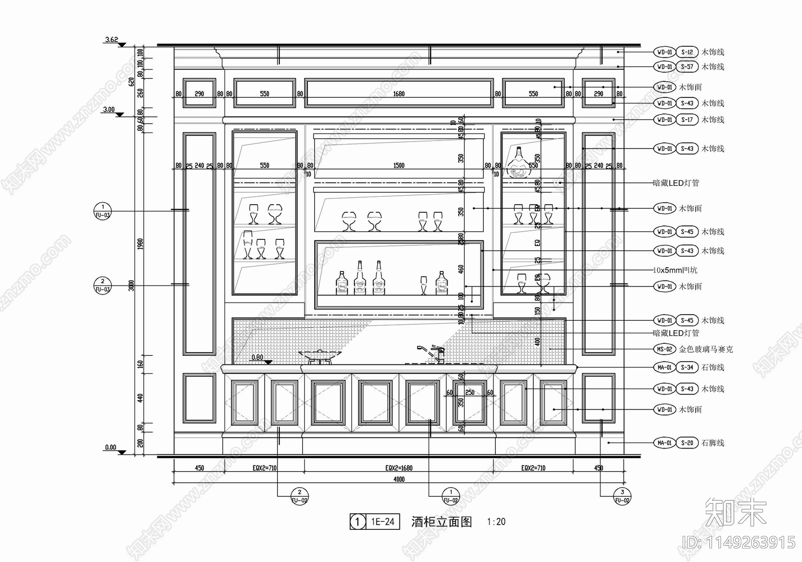 红酒吧酒柜施工立面及大样cad施工图下载【ID:1149263915】